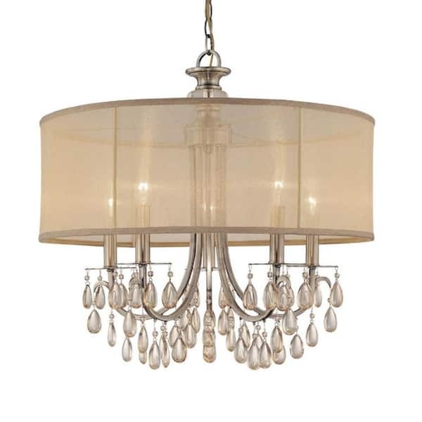 Chandelier Antique Brass Oversized Silk Drum Shade Five Light Design