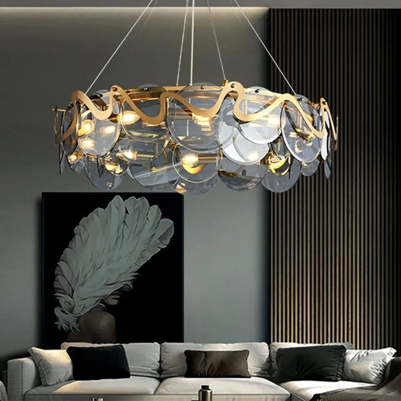 Chandelier Antique Brass Smoky Gray Glass Globe Linear Mid Century