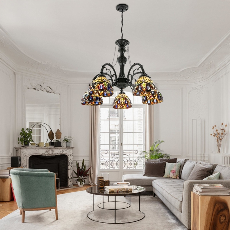 Chandelier Antique Bronze Finish Bell Shaped Frosted Glass Five Light