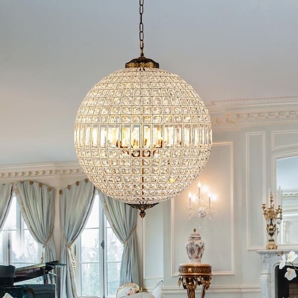Chandelier Antique Gold Globe Cage Crystal Accents Elegant Style