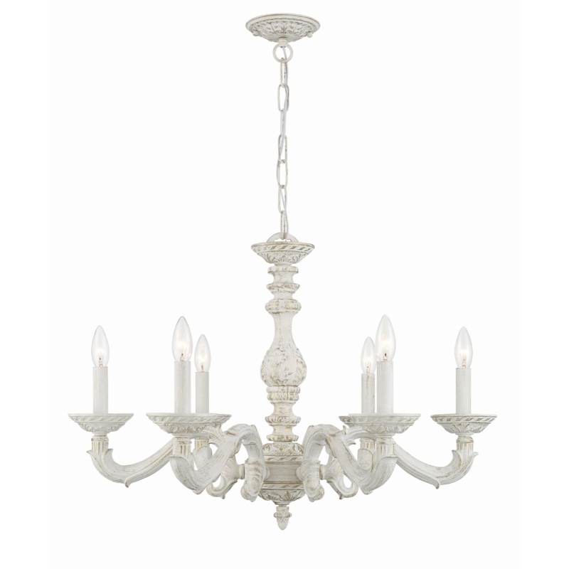 Chandelier Antique White 6-Light with Faceted Crystal Drops