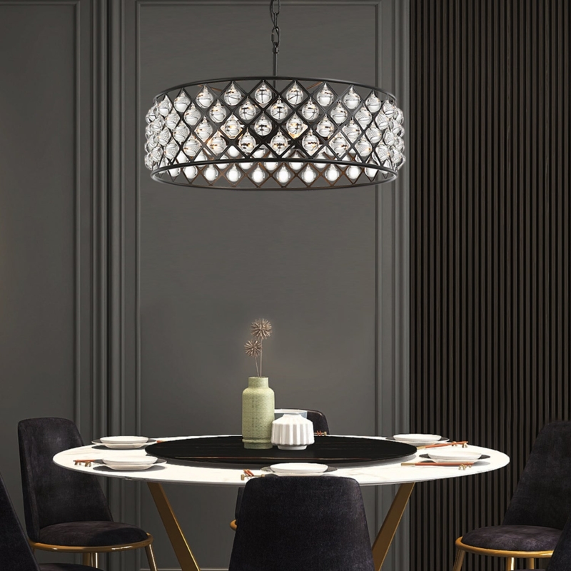 Chandelier Black Drum Frame Cascading Crystals Transitional Glam