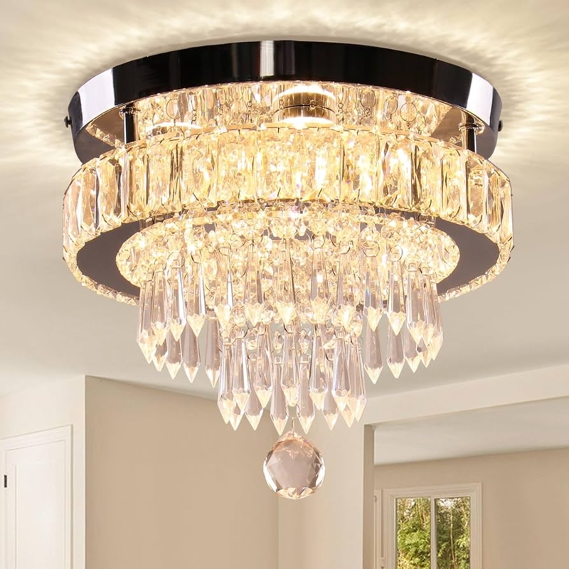 Chandelier: Black Frame Semi-Flush Mount with Tiered Faceted Crystals