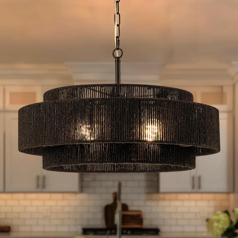 Chandelier Black Woven Texture Tiered Rope Shades Boho Style