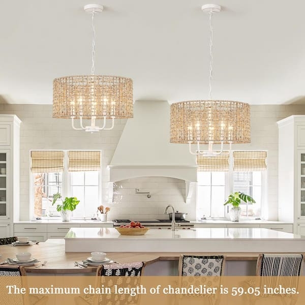 Chandelier Bohemian Wood Beads with Rattan Drum Shade
