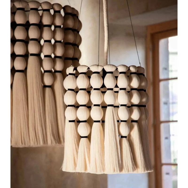Chandelier Boho Beaded Lighting Three Tiered Organic Cotton Tassels