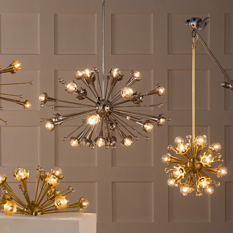 Chandelier, Brass, Faceted Crystal Accents, Glam Starburst Ceiling Light