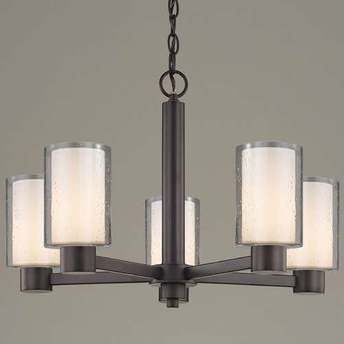 Chandelier Bronze 5-Light Curved Arms Seeded Frosted Glass Shades