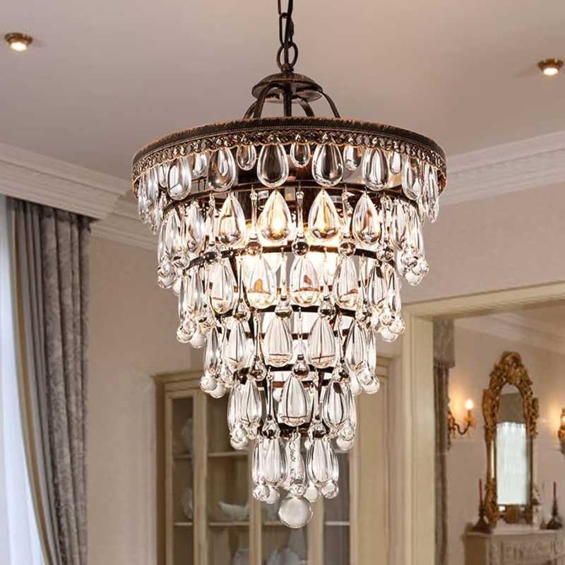 Chandelier Bronze Teardrop Crystal Farmhouse Glam Foyer Lighting