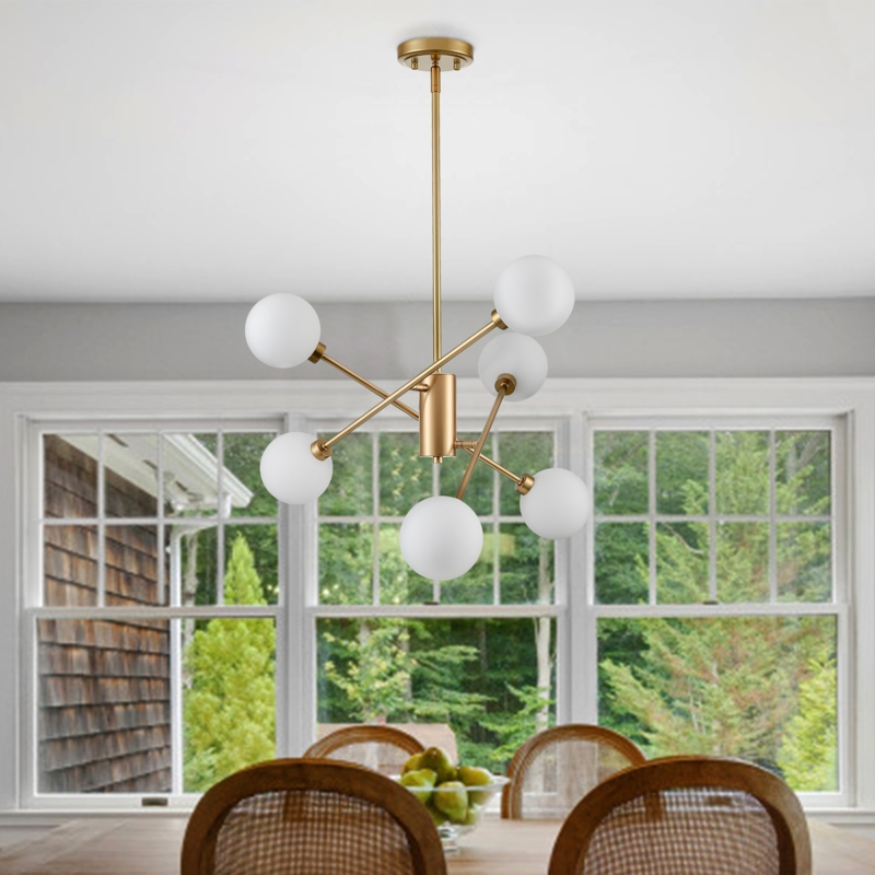 Chandelier Brushed Brass Milky White Globes Asymmetric Branches