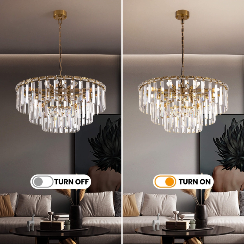 Chandelier Brushed Brass Round Silhouette Tiered Crystal Arrangement