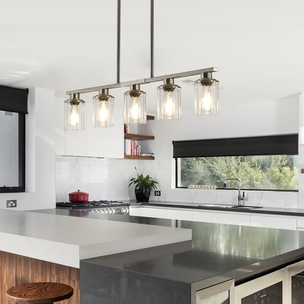 Chandelier Brushed Nickel 5-Light Linear Clear Glass Cylinders