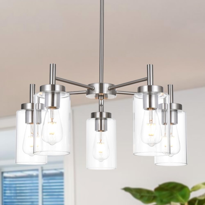 Chandelier Brushed Nickel Clear Glass Cylinders 5-Light