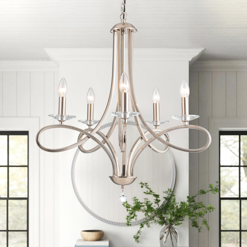Chandelier Brushed Nickel Farmhouse Scroll Arms 5-Light Fixture