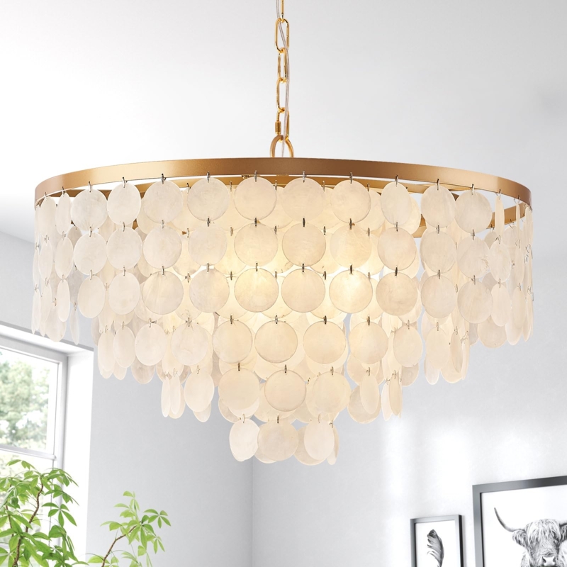 Chandelier Capiz Shell Tiered Gold Modern Coastal Dining Room Lighting