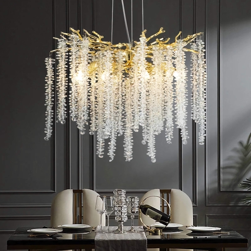 Chandelier Cascading Crystal Rods Transitional Foyer High Ceiling