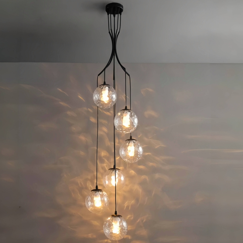 Chandelier: Cascading Glass Globes, Black Cords for Stairwells