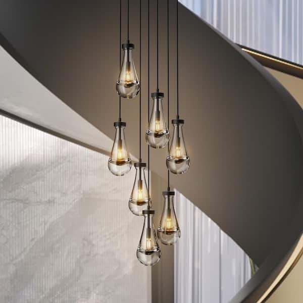 Chandelier Cascading Spiral with 7-Lights and Cylindrical Shades