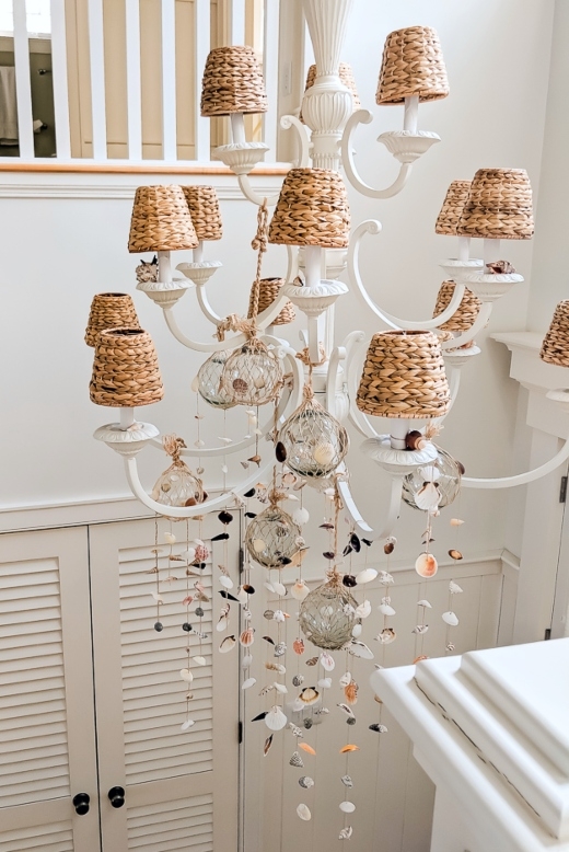 Chandelier Cascading White Shells Whitewashed Metal Beachy Dining