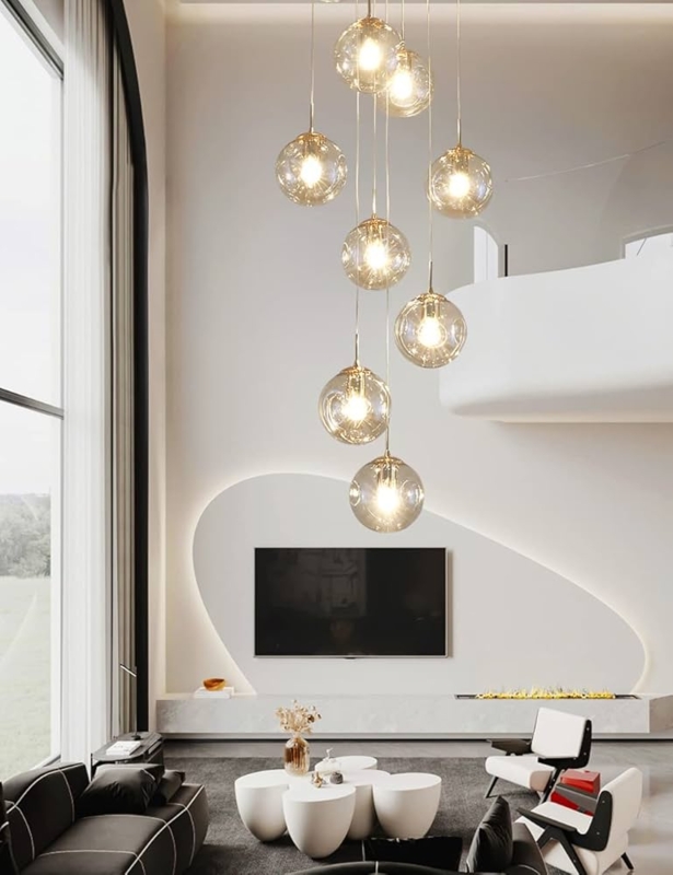 Chandelier: Champagne Glass Spheres, Staggered Drop Stairwell Lighting