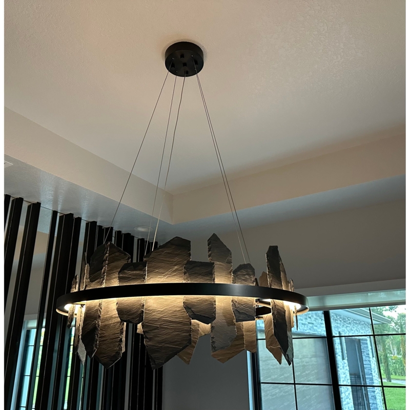 Chandelier, Circular Ring, Slate Texture, Integrated LED Statement Light
