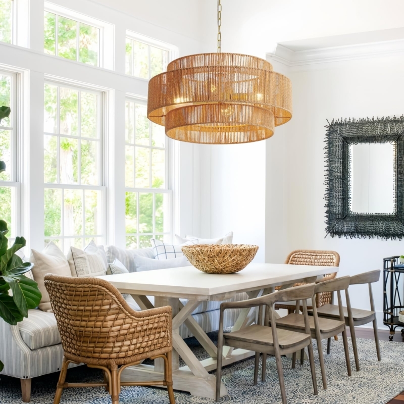 Chandelier Concentric Rings Three Tier Design Woven Rattan Farmhouse