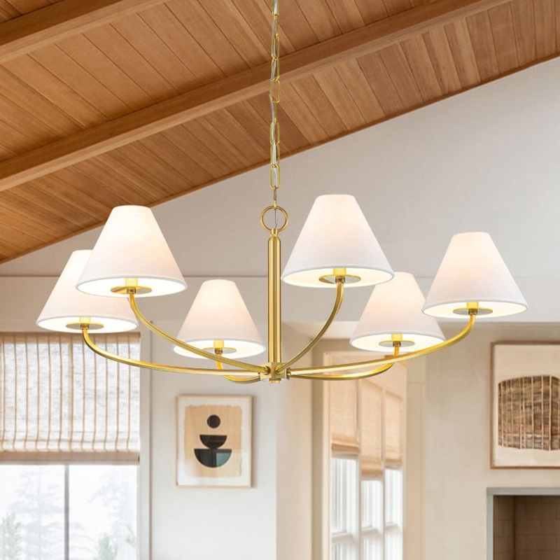 Chandelier Conical Linen Shades Brushed Brass French Farmhouse