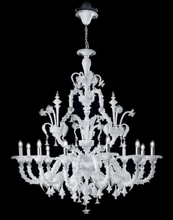 Chandelier Creamy White Murano Glass with Tiered Leaf Silhouette