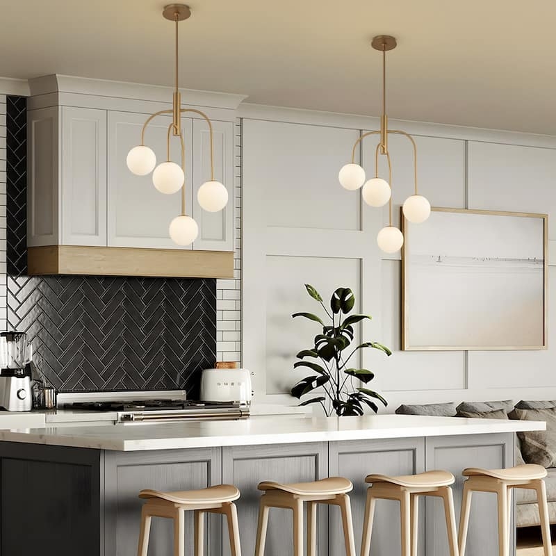 Chandelier Curved Black Arms, Frosted Glass Globes, Mid-Century Modern