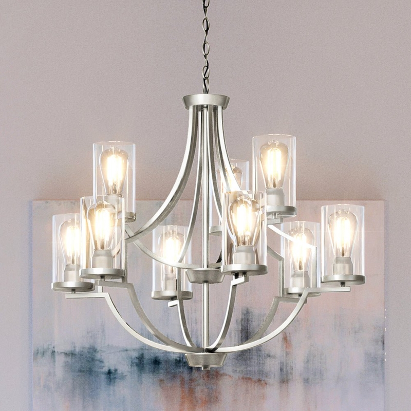 Chandelier Cylindrical Frosted Shades Brushed Nickel Swooping Arms