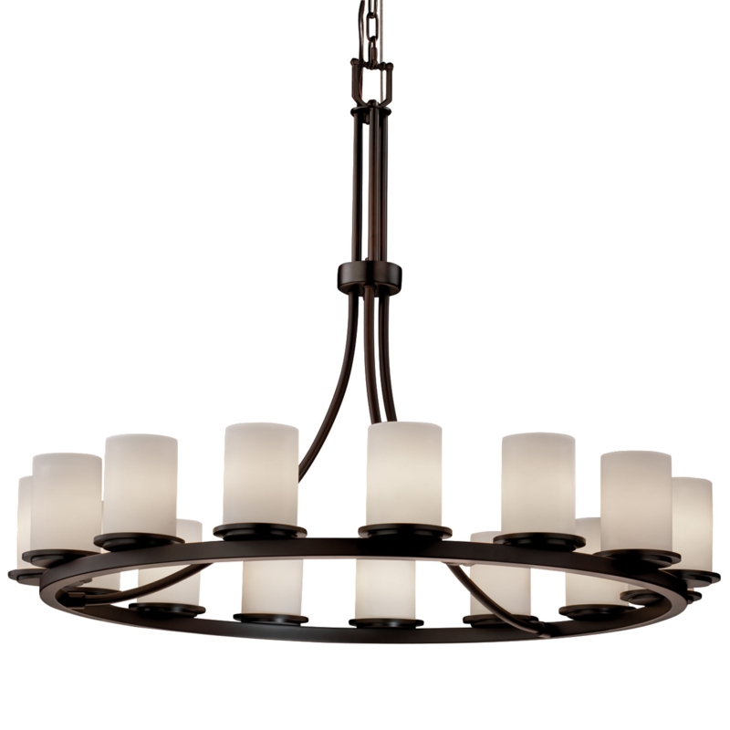 Chandelier: Dark Bronze Single-Tier Wagon Wheel, Tall Cylindrical Shades