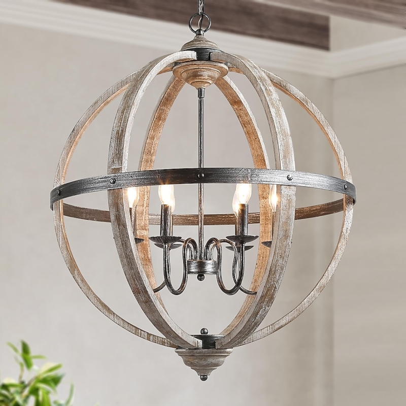 Chandelier Distressed Gray Wagon Wheel Frame Curved Metal Arms Farmhouse