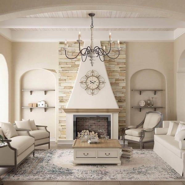 Chandelier Distressed White Finish 6-Light Carved Wood Center French