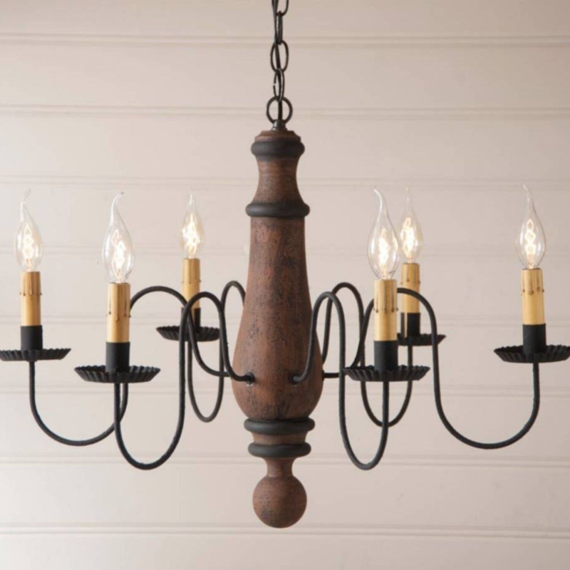 Chandelier, Distressed Wood Spindle, Red Rub Through, Colonial Style