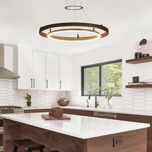 Chandelier Double Ring Wood Toned Black Finish LED