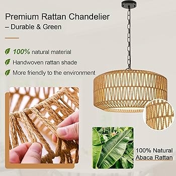 Chandelier Double Shade Woven Texture Five Light Boho Dining Room