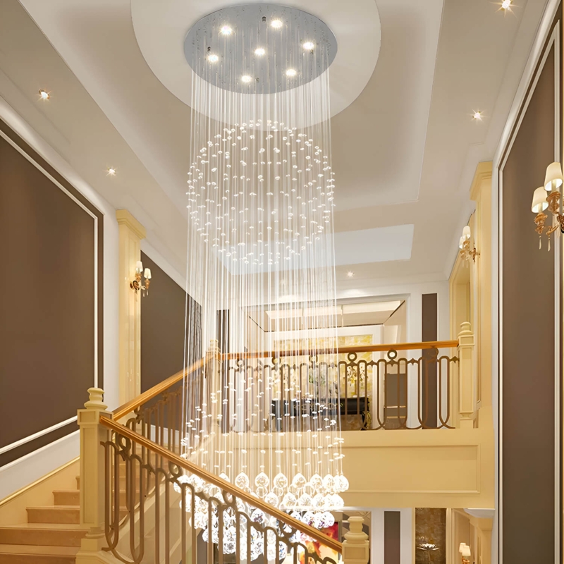 Chandelier Double Sphere Raindrop Crystals Polished Silver Glam