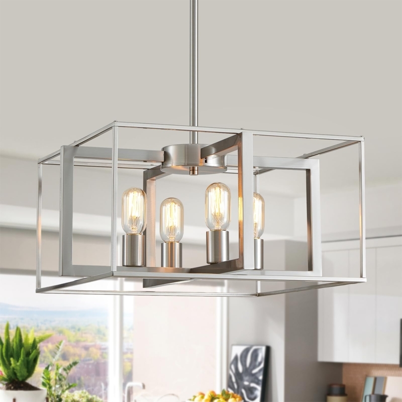 Chandelier Double Square Frame Brushed Nickel 4-Light Fixture