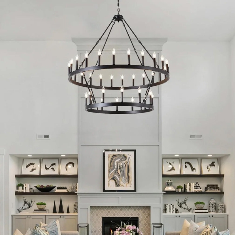 Chandelier Double Tier Wagon Wheel Iron Finish Rustic Industrial