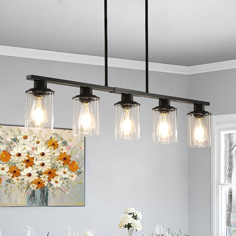 Chandelier Drum Black Industrial Frame with Clear Glass Panels