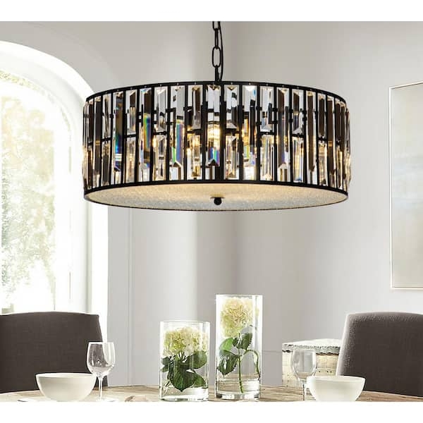 Chandelier Drum Lantern Silhouette Crystal Droplets Open Frame Six Light