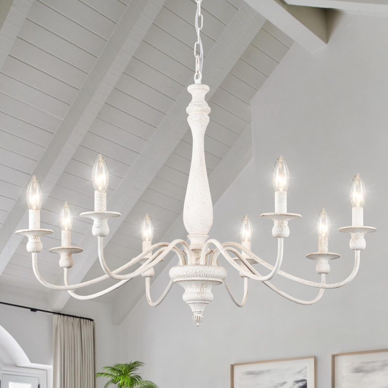 Chandelier Eight Light Distressed White French Country Wood Toned Center