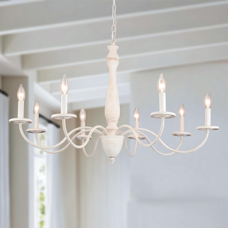 Chandelier Eight Light Heavily Distressed White Two Tone Scrolled