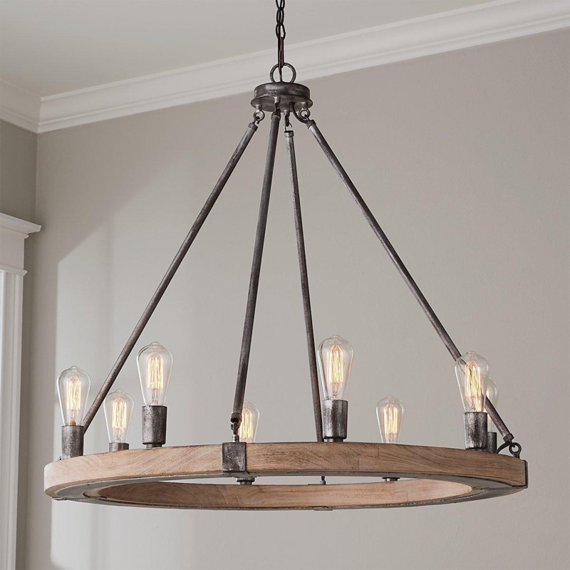 Chandelier, Eight-Light Wagon Wheel, Gray Wash Ring, Rustic Farmhouse