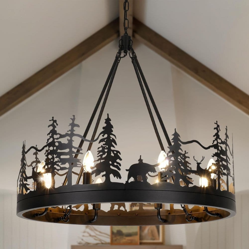 Chandelier Eight-Light Wagon Wheel Thin Profile Hoop Black Farmhouse
