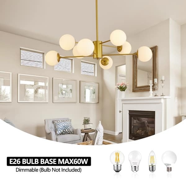 Chandelier Eight Light White Globe Shades Gold Mid-Century Modern