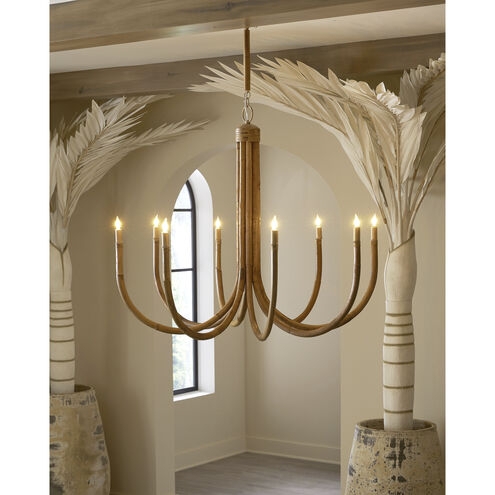 Chandelier Eight Light Wood Toned Curved Arms Leather Accents