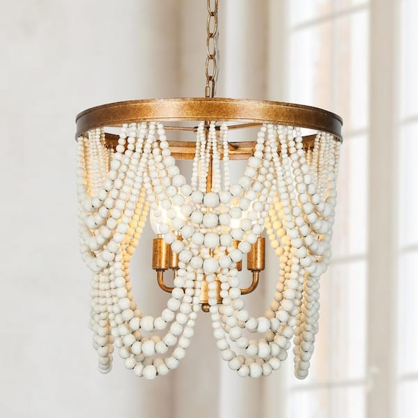 Chandelier Empire Beaded Form White Wood Beads Antique Gold