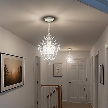 Chandelier Empire Style White Frame Beaded Drapery One Light