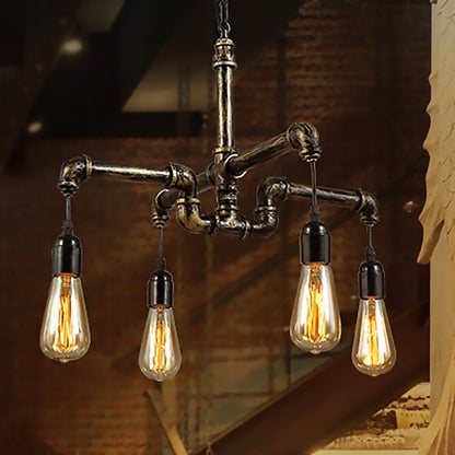Chandelier Exposed Bulbs, Geometric Silhouette, Bronze Lantern